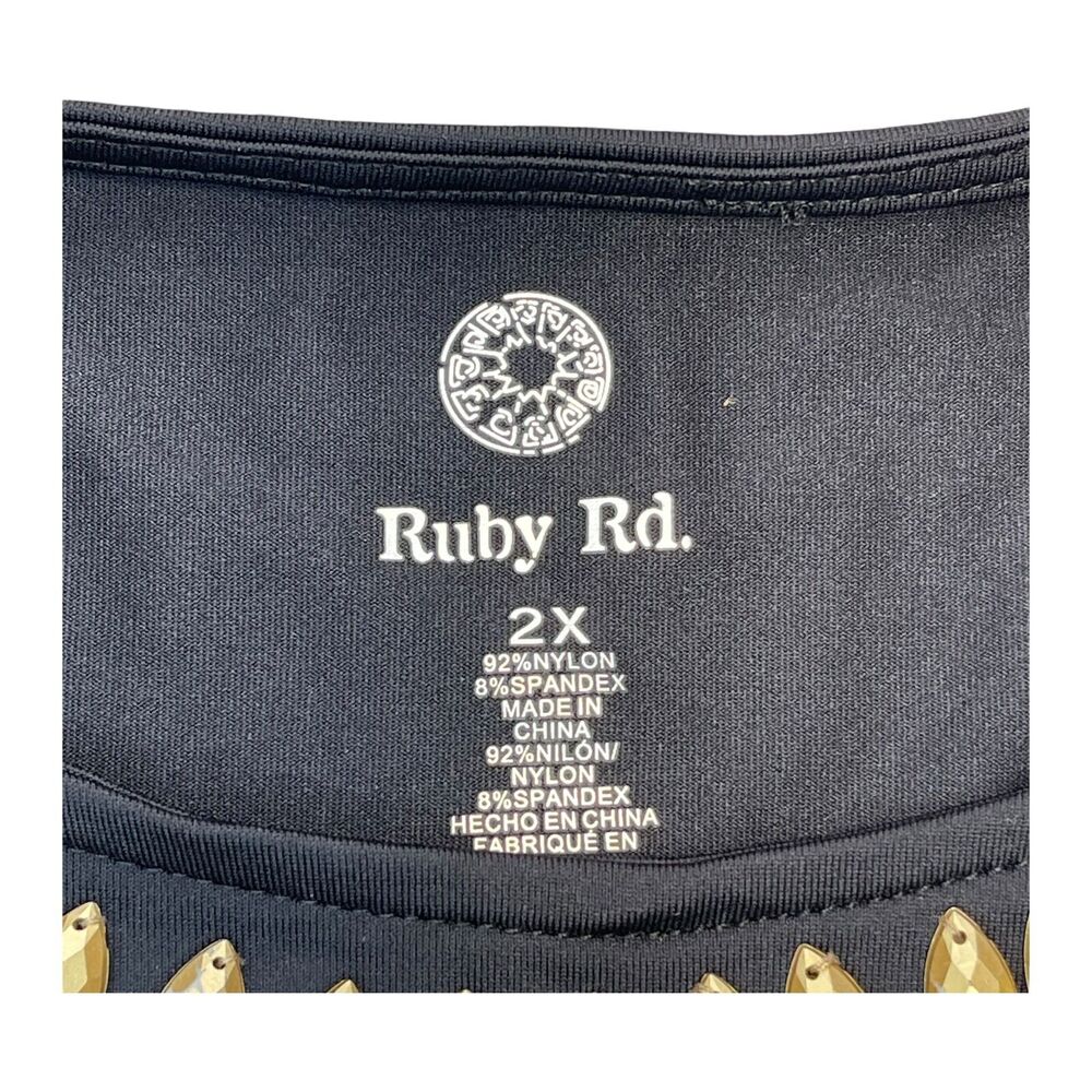 Ruby RD. Blouse Top Women's 2X Black Stretch Embellished Round Neck Long Sleeve - Picture 3 of 8